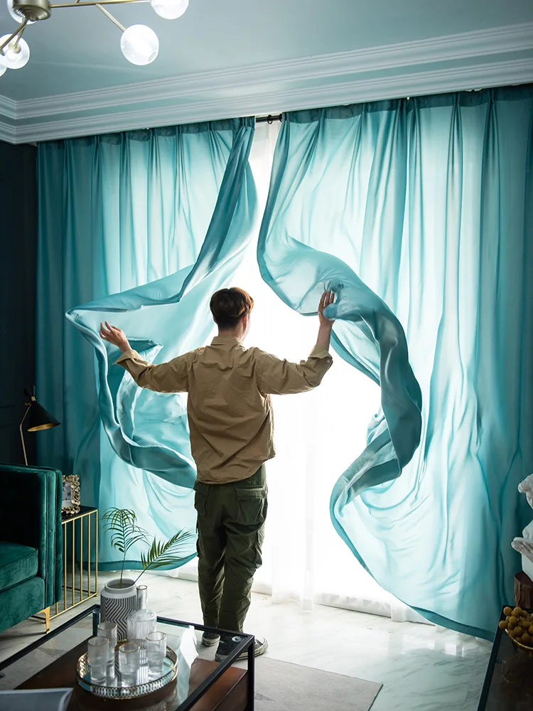 

Nordic Style Blue Chiffon gauze Curtain Panels Modern Tansparent impermeable Curtain Drapes Soft Yarn for Living Room Bedroom