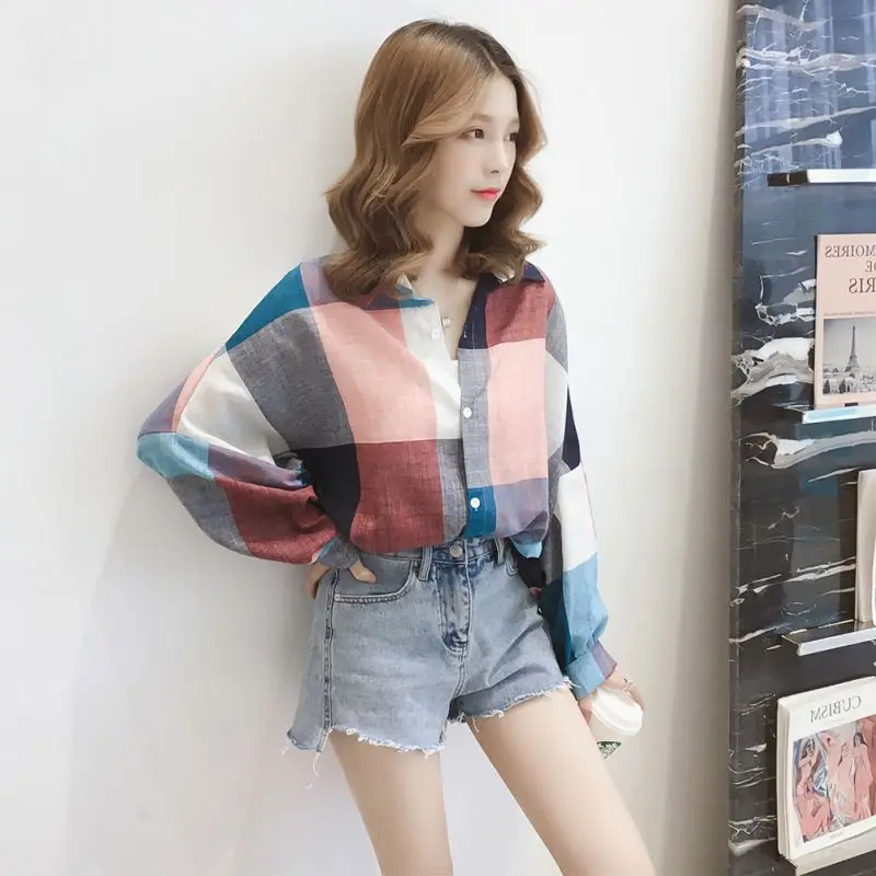 

Women Vintage Tops Plaid Shirt Contrast Color Long Sleeve Shirt Mori Girl Loose Women Blouse