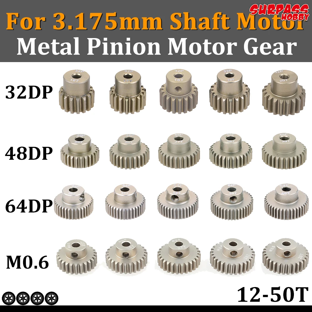 

SURPASS HOBBY 5PCS 3.175mm Shaft Metal Pinion Motor Gear 32DP 48DP 64DP M0.6 M0.8 for 1/10 1/8 RC Car Motor 3650 3660 Traxxas
