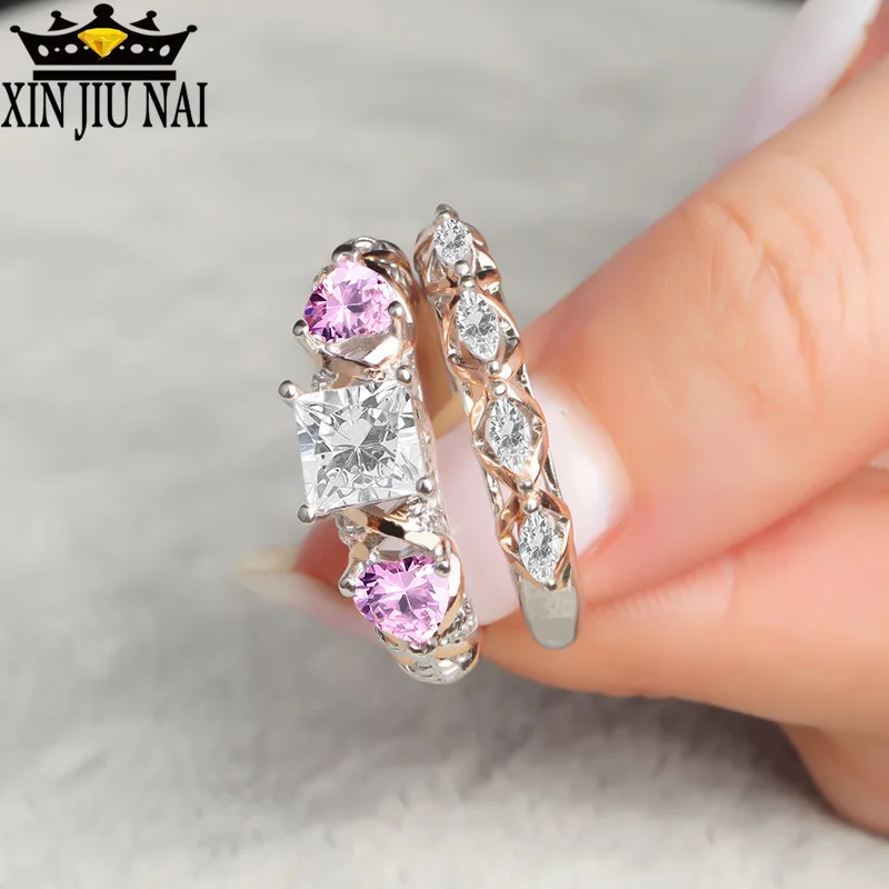 Розовое красивое мозаичное кольцо с розовым сердцем циркониевое листом