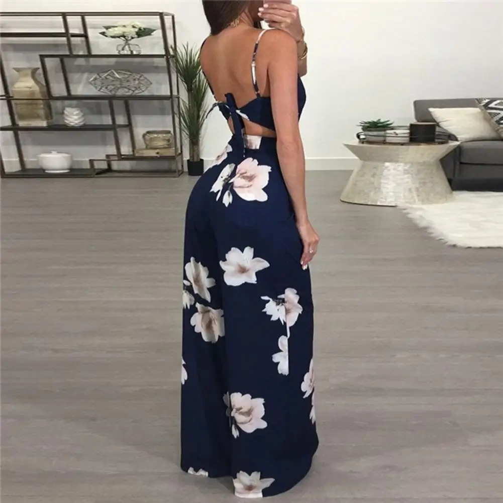 

Flower Print Sling Jumpsuits Women Sexy Backless Sleeveless Wide Leg Jumpsuit Women Summer Bodysuit Rompers Combinaison femme