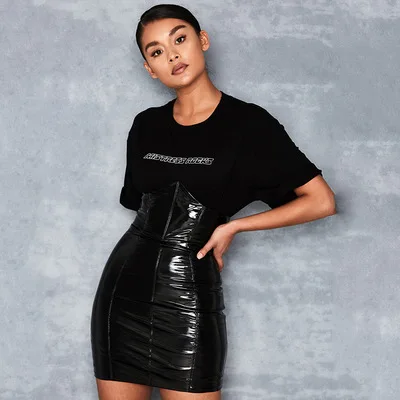 Юбка женская из латекса с высокой талией воротником-стойкой | Женская одежда