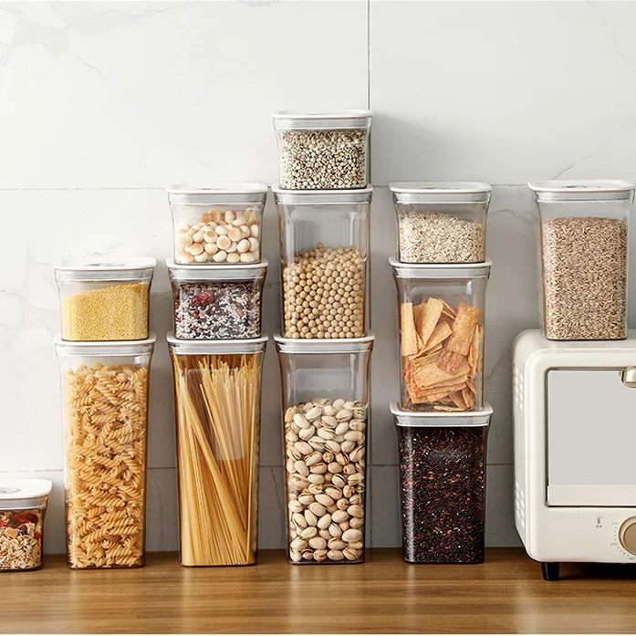 

Kitchen Food Storage Box Container Set Organizer Square Vacuum Lid Airtight Jars Pantry Noodle Legume Cereals Rice Pasta