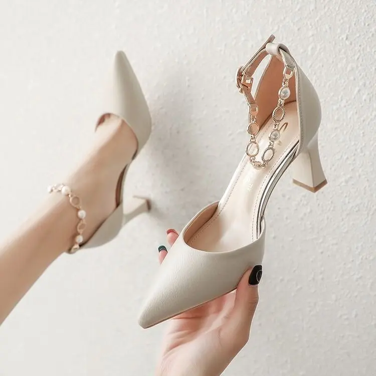 

Women's Lace-heeled Shoes Leather Surface Korean Fashion Women's High-heeled Shoes Pointed Toe Thick Heeled Hollow Shoes