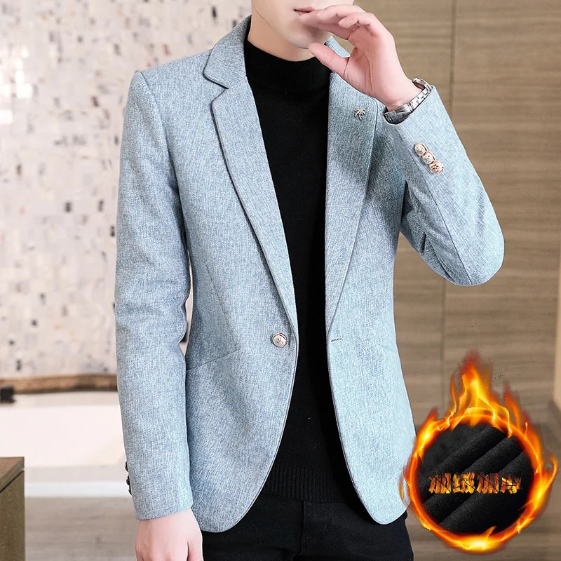 2021 Men's Fleece-Lined Thickened Woolen blazer Youth New Autumn and Winter Solid Color | Мужская одежда