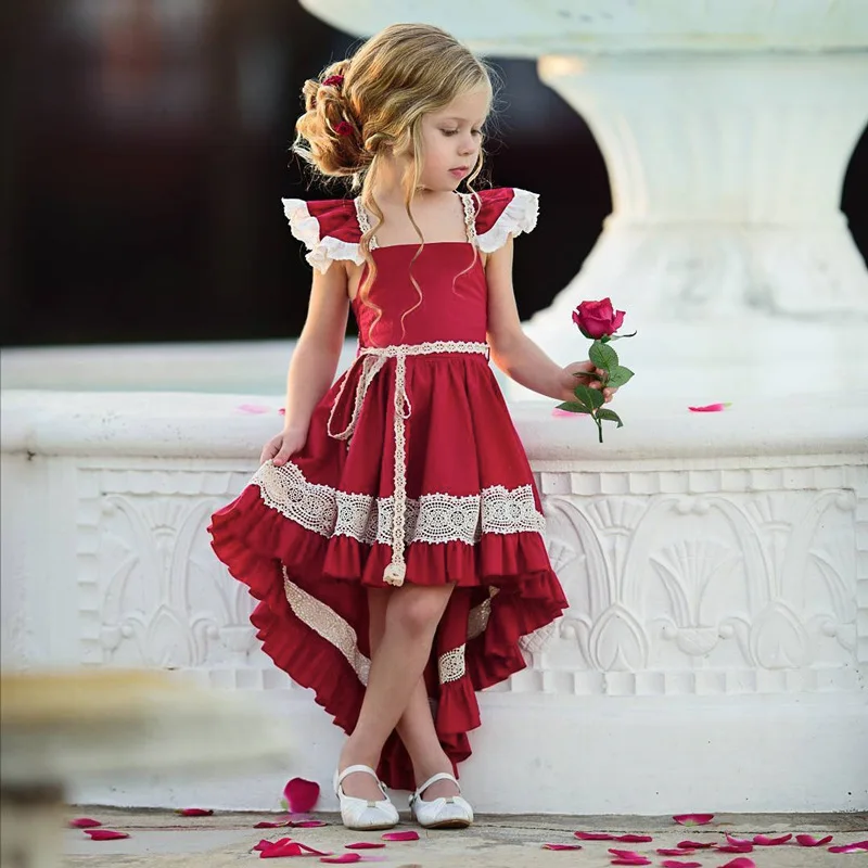 

Summer Girls' Small Flying Sleeves Solid Color Swallowtail Dress Baby Girl Lace Halter Irregular Princess Dress For 1-6 Years