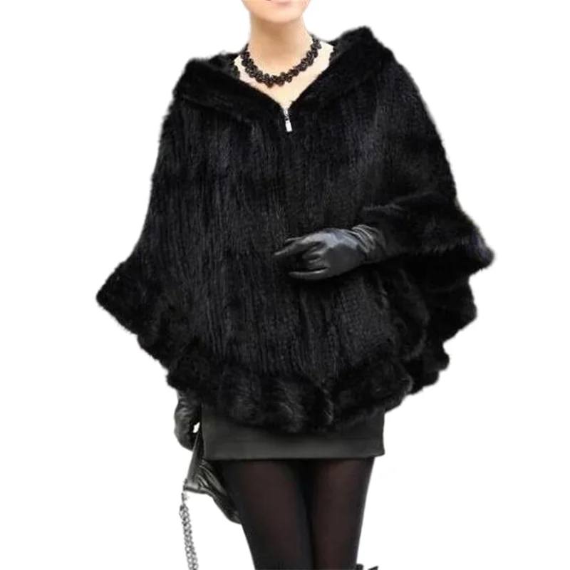 High Quality Mink Fur Hand Knitted Women's Real Fur Coats Hooded Natural Fur Jackets Ponchos And Capes Black/Brown DA-68 enlarge