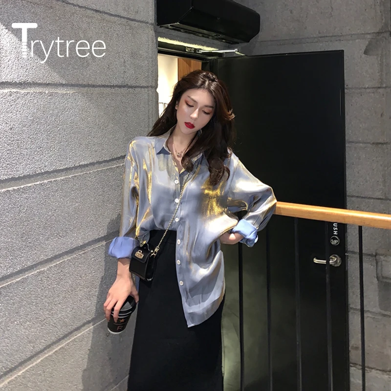 

Женская блузка Trytree, повседневная однобортная однотонная блузка с отложным воротником в винтажном стиле, 2 цвета, весна-осень 2020