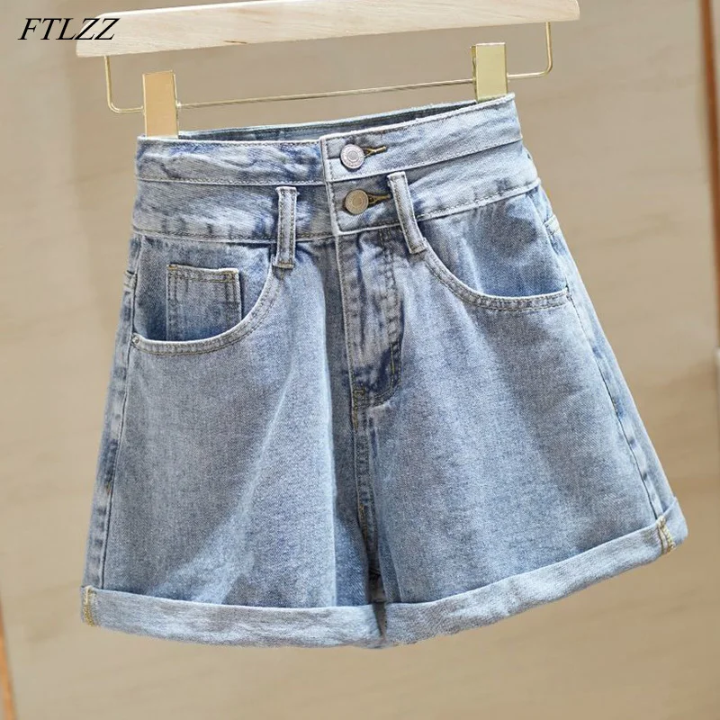 

FTLZZ New Spring Summer Women Light Blue Solid Mini Denim Shorts Streetwear Female Retro A-line High Waist Loose Ladies Shorts