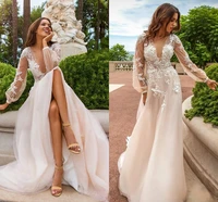 lace appliques wedding dresses deep v neck see through back with button handmade flowers sweep train wedding bridal gowns