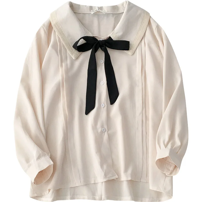 

sweeet bow neck women chiffon shirts 2020 summer new solid long-sleeved loose office lady elegant shirts outwear tops