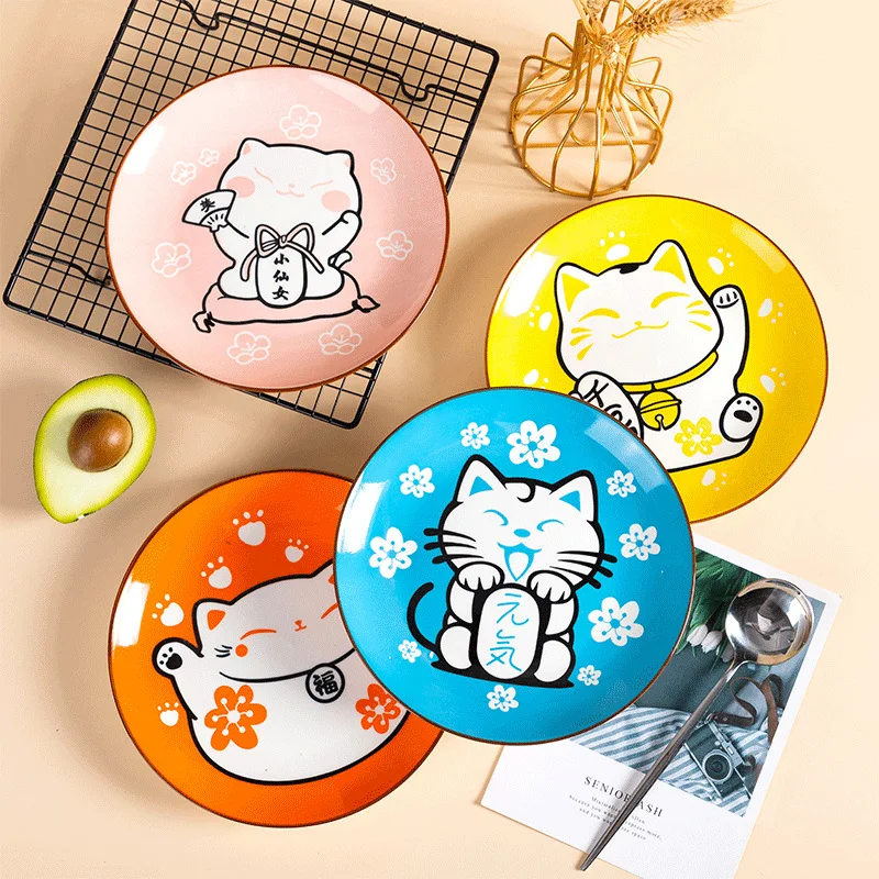 

Japanese cartoon 8 inch ceramic plate Family dish hotel snack plate cute kitten glaze colored ceramic tableware