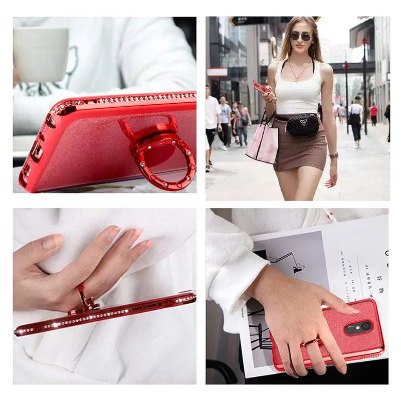 

Glitter Bling Diamond Rhinestone Ring Stand Phone Case With Lanyard For Samsung S7 S7 Edge S8 S9 S10 S20 Plus S10E Note 8 9 10