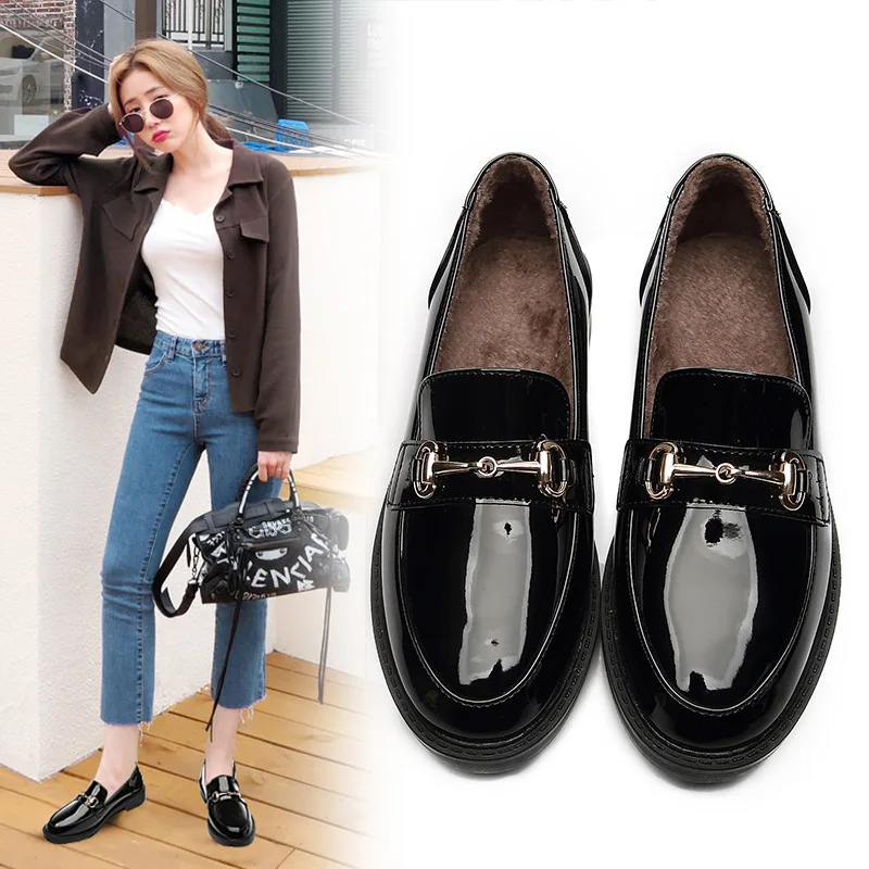 

2019 модные зимние кожаные туфли-оксфорды без шнуровки; женские лоферы на плоской подошве; мокасины на каблуке; плюшевый мохнатый обувь на мех...