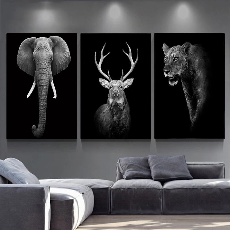 Картина на холсте животные настенное искусство Лев слон плакаты с оленем и