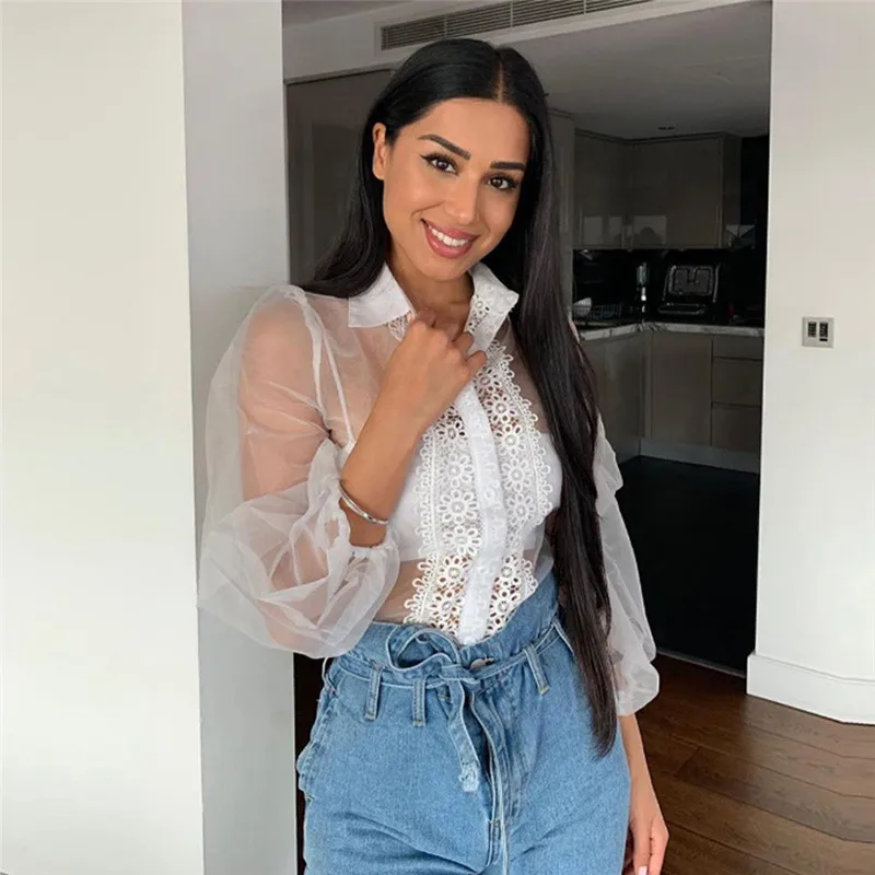 Осенняя шикарная Просвечивающая женская блуза с пышными рукавами в сеточку