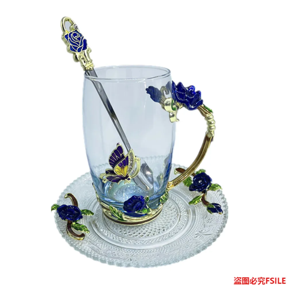 

Exquisite Enamel Coffee Couple Mug Flower Tea Glass Hot and Cold Drink Teacup Spoon Set Perfect Wedding Gift