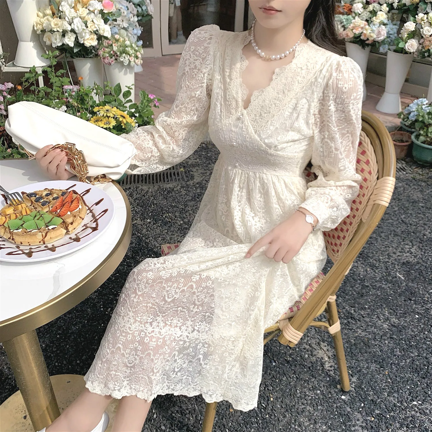 

Lace Fairy Elegant Dress Female Casual V-neck Long Sleeve One-piece Dress Korean Evening Party Vintage Dress Women 2020 Autumn