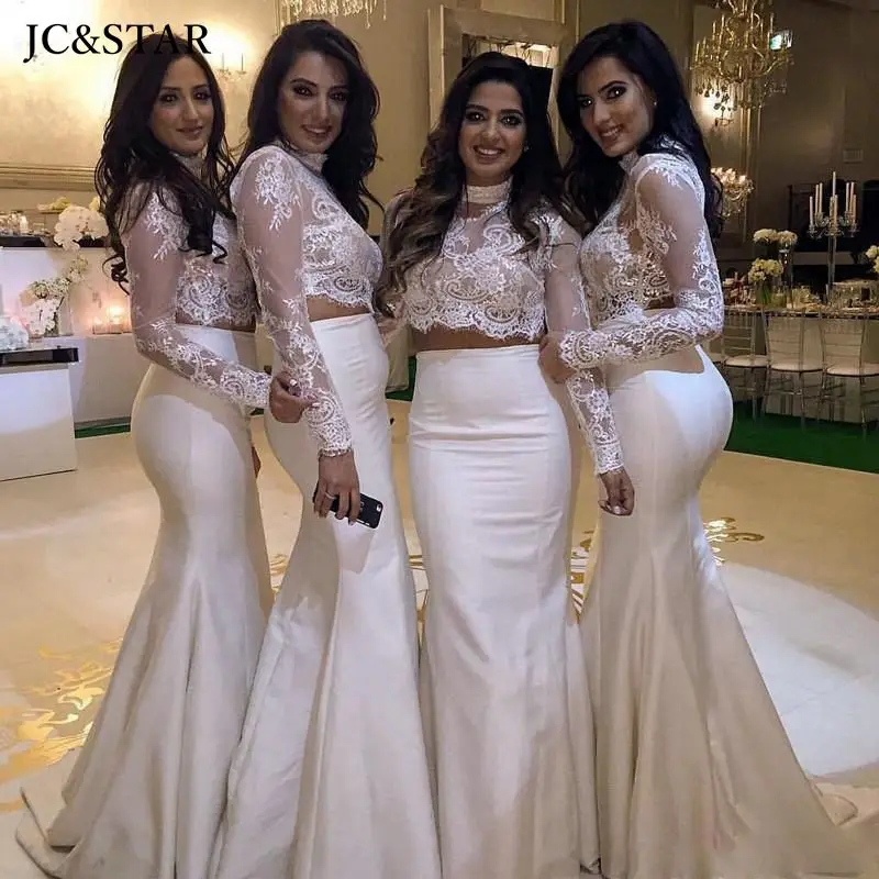

High Neck Long Sleeves Two Piece Mermaid Bridesmaid Dresses Sheer Lace Top vestidos largos de fiesta robes de mariage custom mai