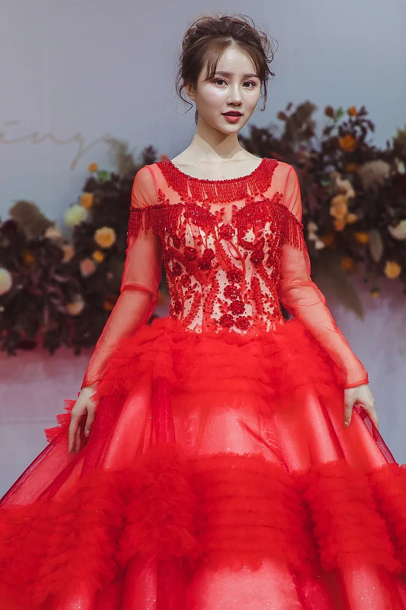 Красное красивое свадебное платье с бисером 2020 новый дизайн круглый вырез