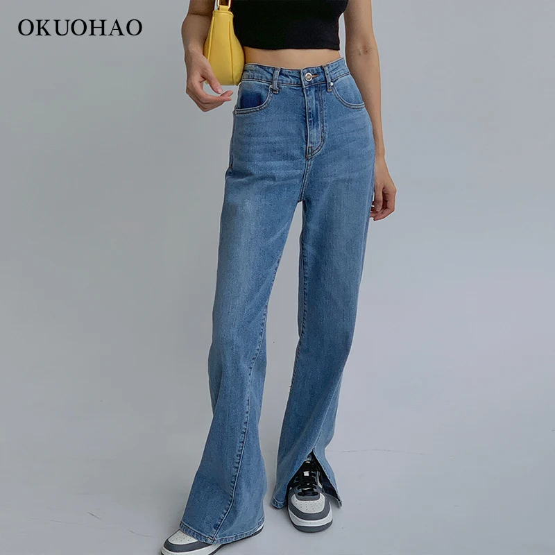 

Flared Jeans Woman High Waist Mom Baggy Split Jeans Boot Cut Pant Fashion Denim Wide Leg Trousers For Female Casual Streetwear