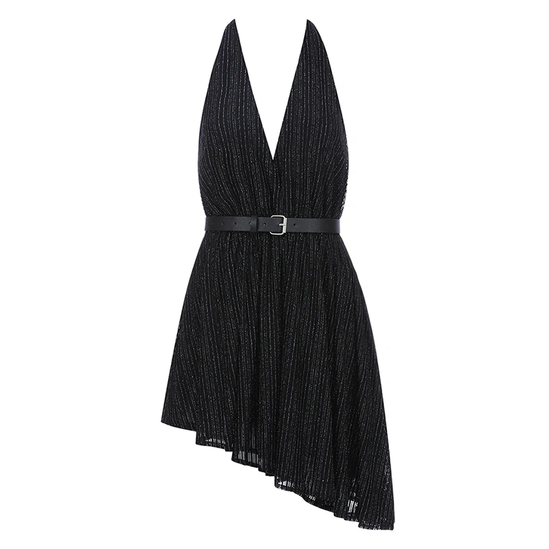 INDRESSME Summer New Fashion Sexy Women Deep V Halter Sleeveless A- Line Mesh Summer Dress Party Club Backless Ins Dress