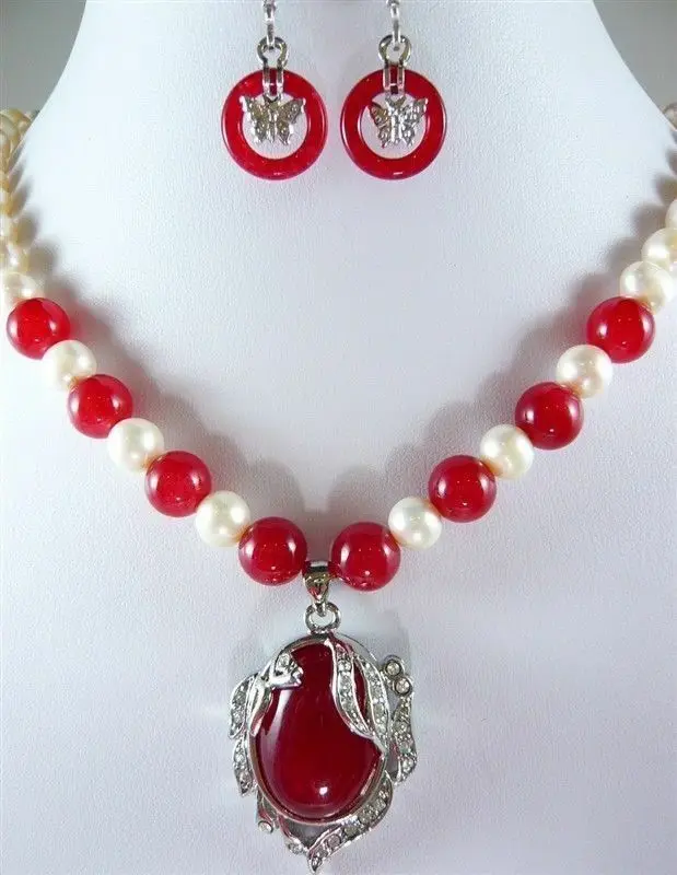 

noblest red jade-white 7-8MM pearl necklace +18KGP pendant earring set 18"AAA+