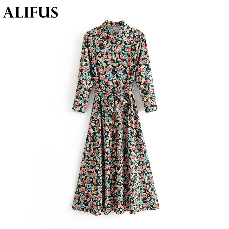 Модное винтажное женское платье с цветочным принтом и длинным рукавом из