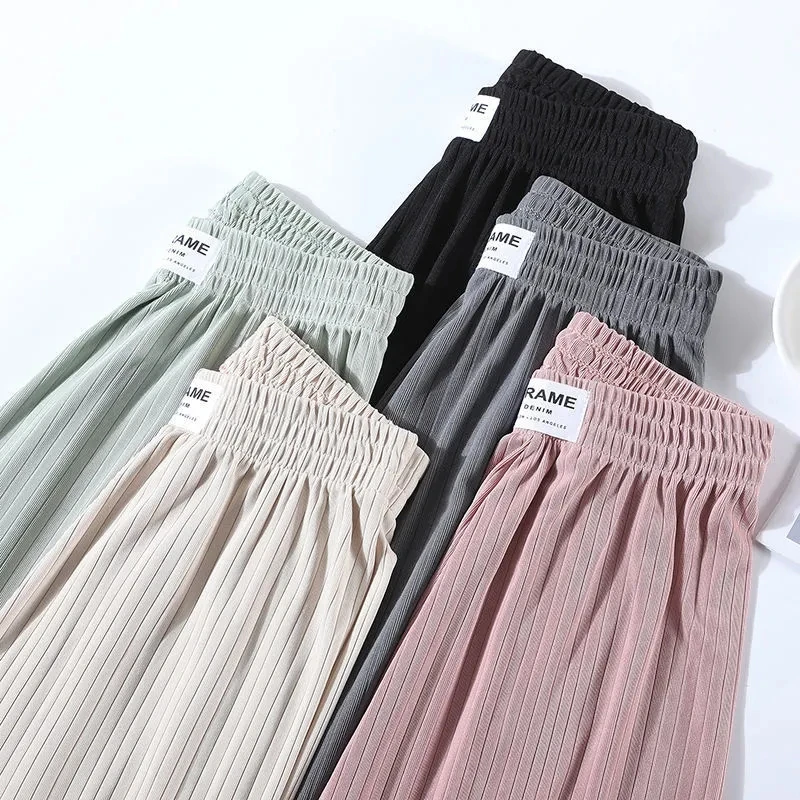 

Fluid Trousers Cropped High Waist Off White Loose Plus Size Women's Summer Wide Leg Of Pants Ice Silk Thin Ribbed Casual Green