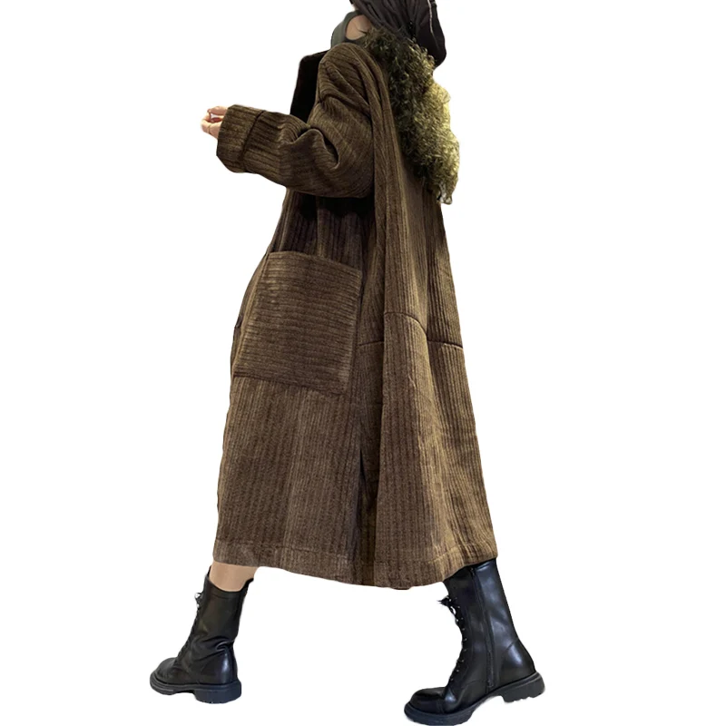 

2021 Autumn Winter Plus Size Women's Mid-length Large Pockets Brown Plus Velvet Thick Single-breasted Corduroy Trench Coats 20C