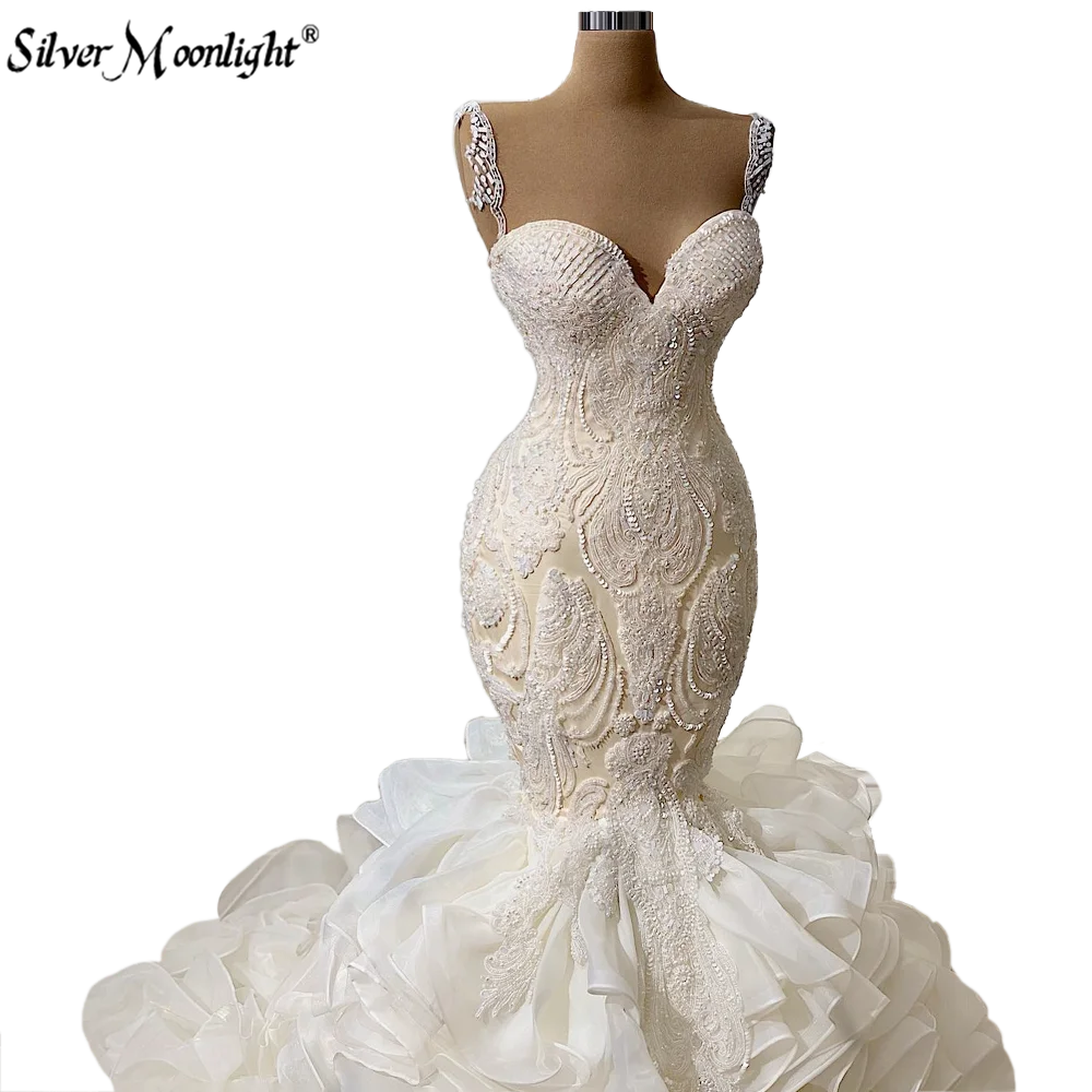 

Mermaid Luxury Ruffles Layered Crystal Beaded Wedding Dresses Vestido De Noiva Bride Marriage Wedding Dresses Bridal Gowns