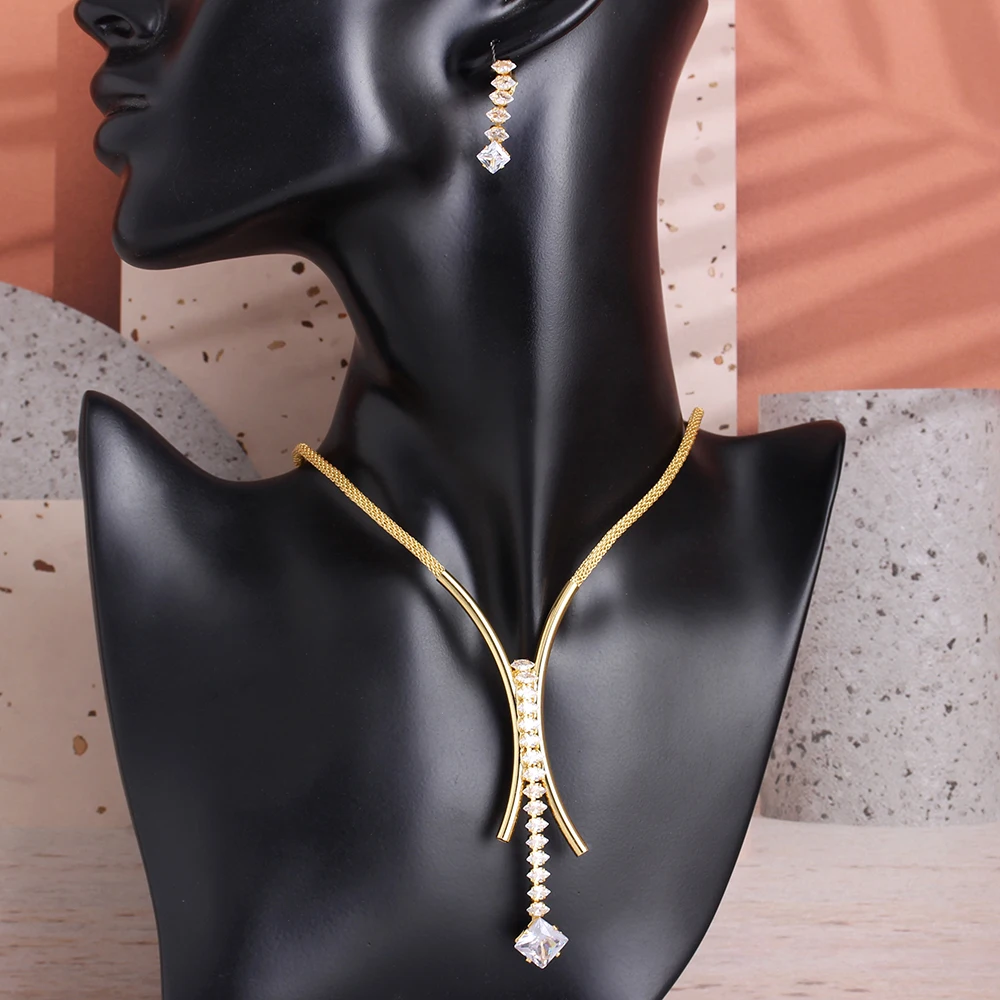 

Jewelry Set For Women 2021 Luxury Geometry Cubic Zircon Color Round Necklace Earring Bridal Gift Luxury Quality Jewelry