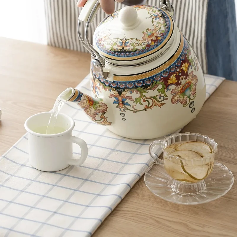 

Enamel Enamel Thickened 3.3L Enamel Kettle with Strainer Flat Bottom Boiling Water Teapot Gas Induction Cooker Gas Universal