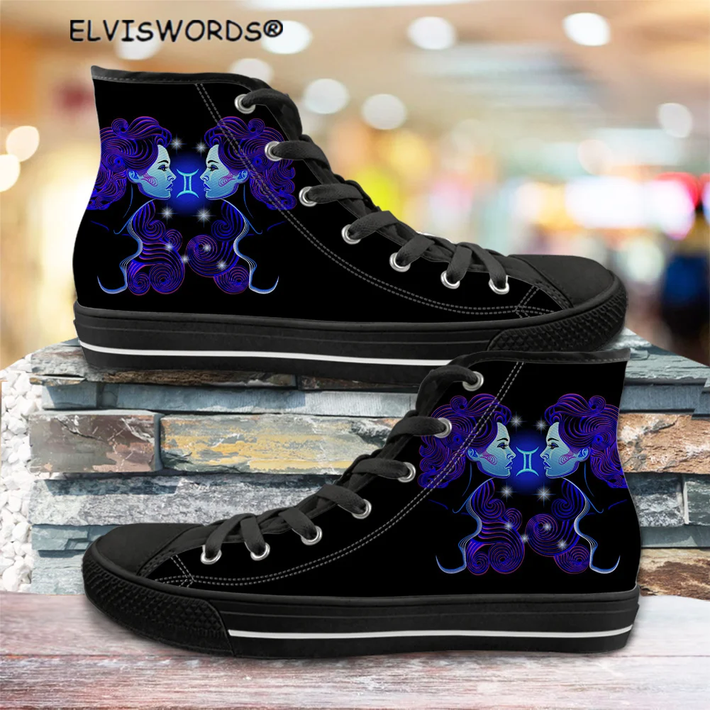 

ELVISWORDS Black Series Constellation Design Comfortable Ladies High Top Sneakers Breathable Women's Flats Shoes Canvas Shoes