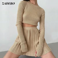 knitted sweater skirts 2 piece sets women 2021 autumn winter fashion long sleeve outfits top pleated skirt matching set casual