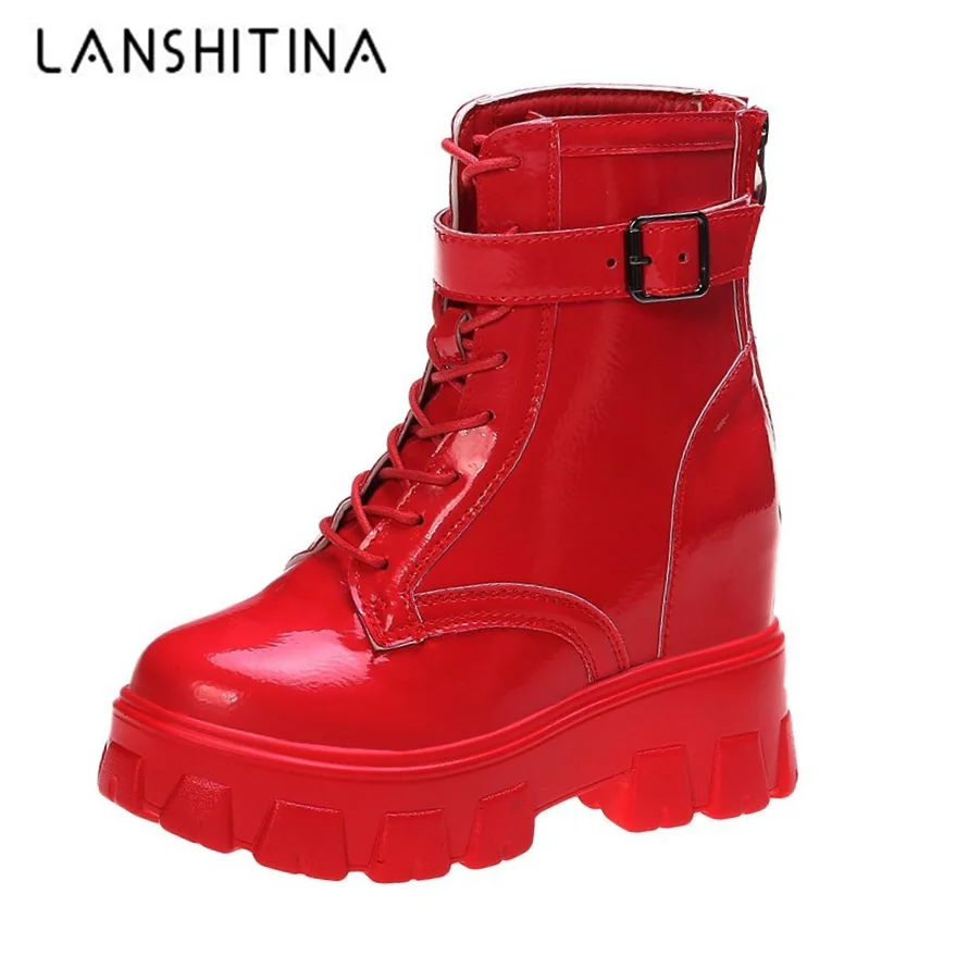 

Winter Warm Punk Boots Women Patent Leather Platform Sneakers Autumn 10CM Wedge Heels Mid-Calf Boots Woman Motorcycle Boots Red