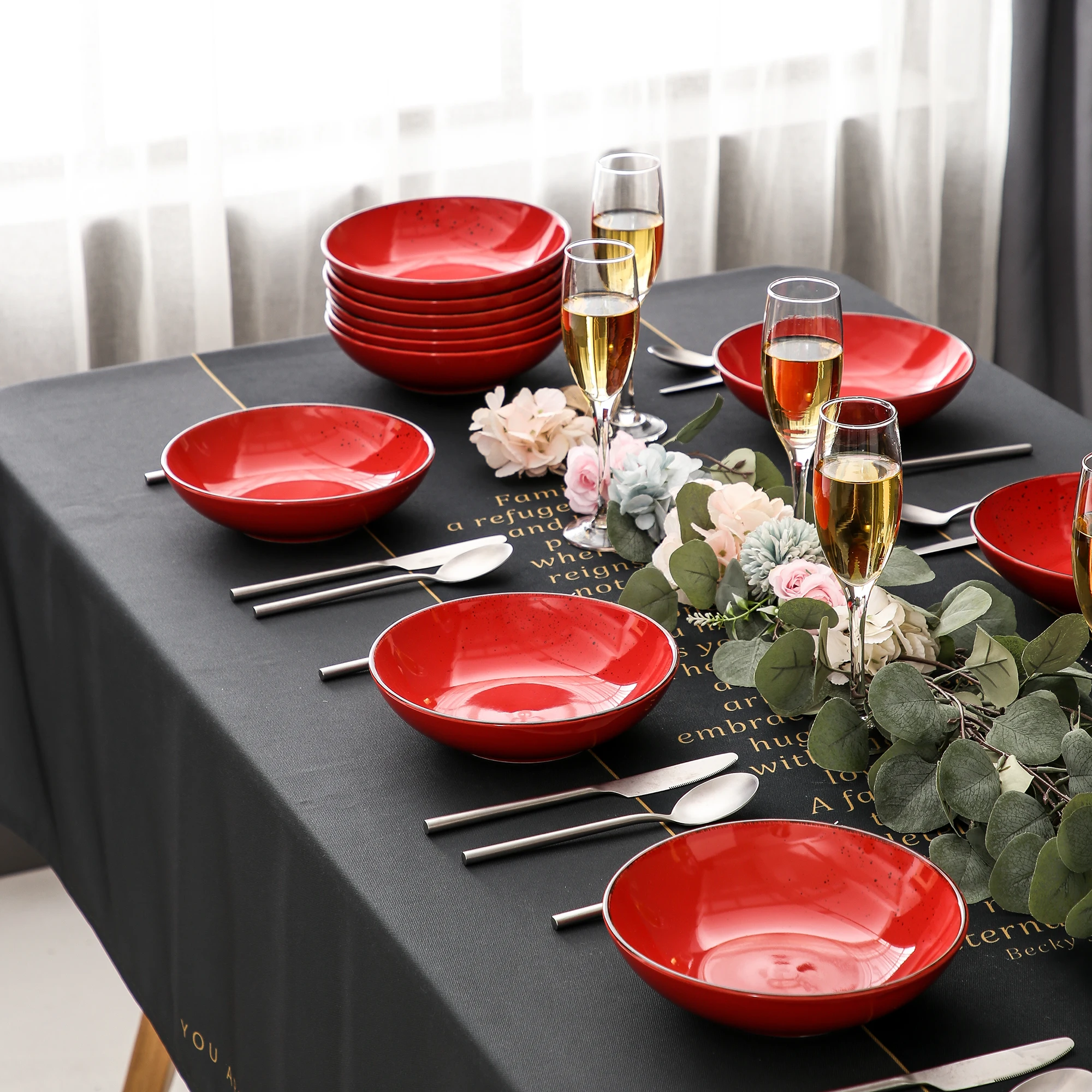 Vancasso Navia Red 4/8/12-Piece Vintage Look Nature Stroneware Ceramic Soup Plate Set Snack Salad Fruit Tableware | Дом и сад
