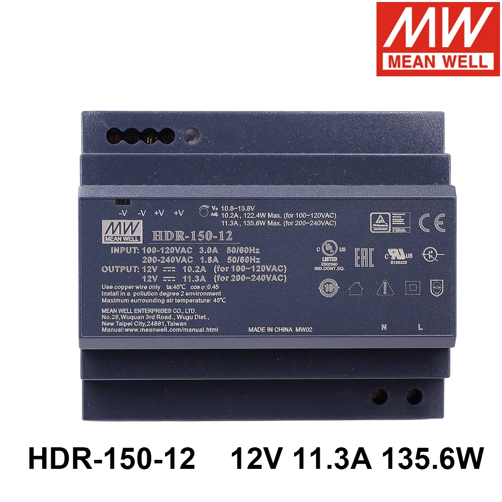 

Mean Well HDR-150-12 85-264VAC To DC 12V 11.3A 135.6W Ultra Slim Step Shape DIN Rail Switching Power Supply Voltage adjustable