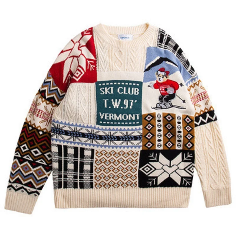 

Lovers Round Neck Loose American Retro Knitted Pullover Bear Men and Women Sweaters Japanese Autumn and Winter Streetwear