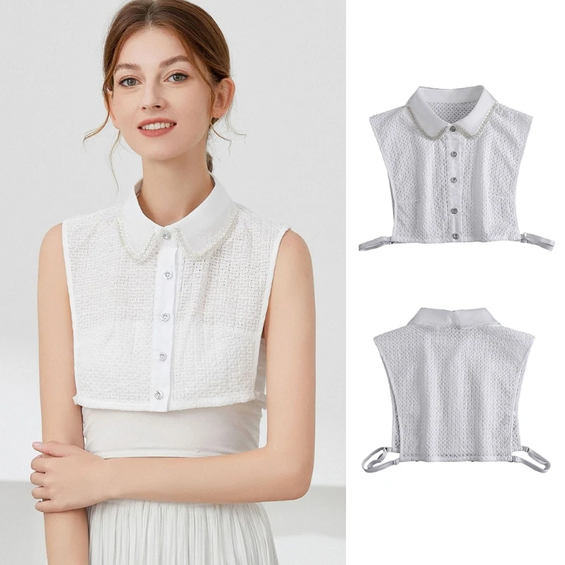 

Women Layering False Collar Beaded Lapel Half Shirt Diamond Plaid Chiffon Dickey