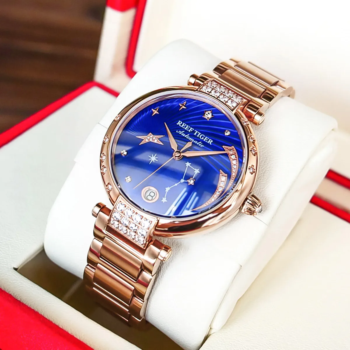 Reef Tiger/RT Luxury Fashion Automatic Watches for Women Rose Gold Diamond Bule Dial Ladies Bracelet Watch Love Galaxy RGA1592