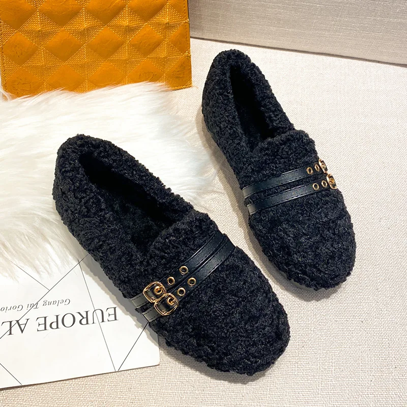 

Slip on Fur Loafers Women Buckle Flats Round Toe Shoes Casual Shallow Flat Shoes Furry Slides Winter Fleece Zapatos De Mujer