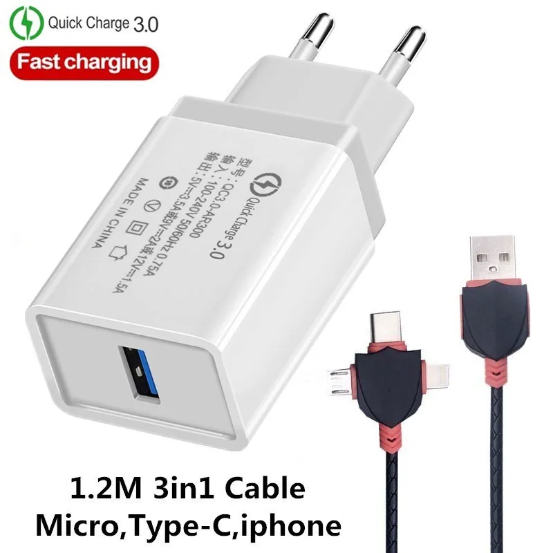 EU/US быстрое зарядное устройство QC 3,0 для мобильных телефонов через USB кабель для зарядного устройства для быстрой Зарядное устройство стены Зарядное устройство для samsung Xiaomi huawei iphone X, 6, 7, 8, 11 Зарядное устройство