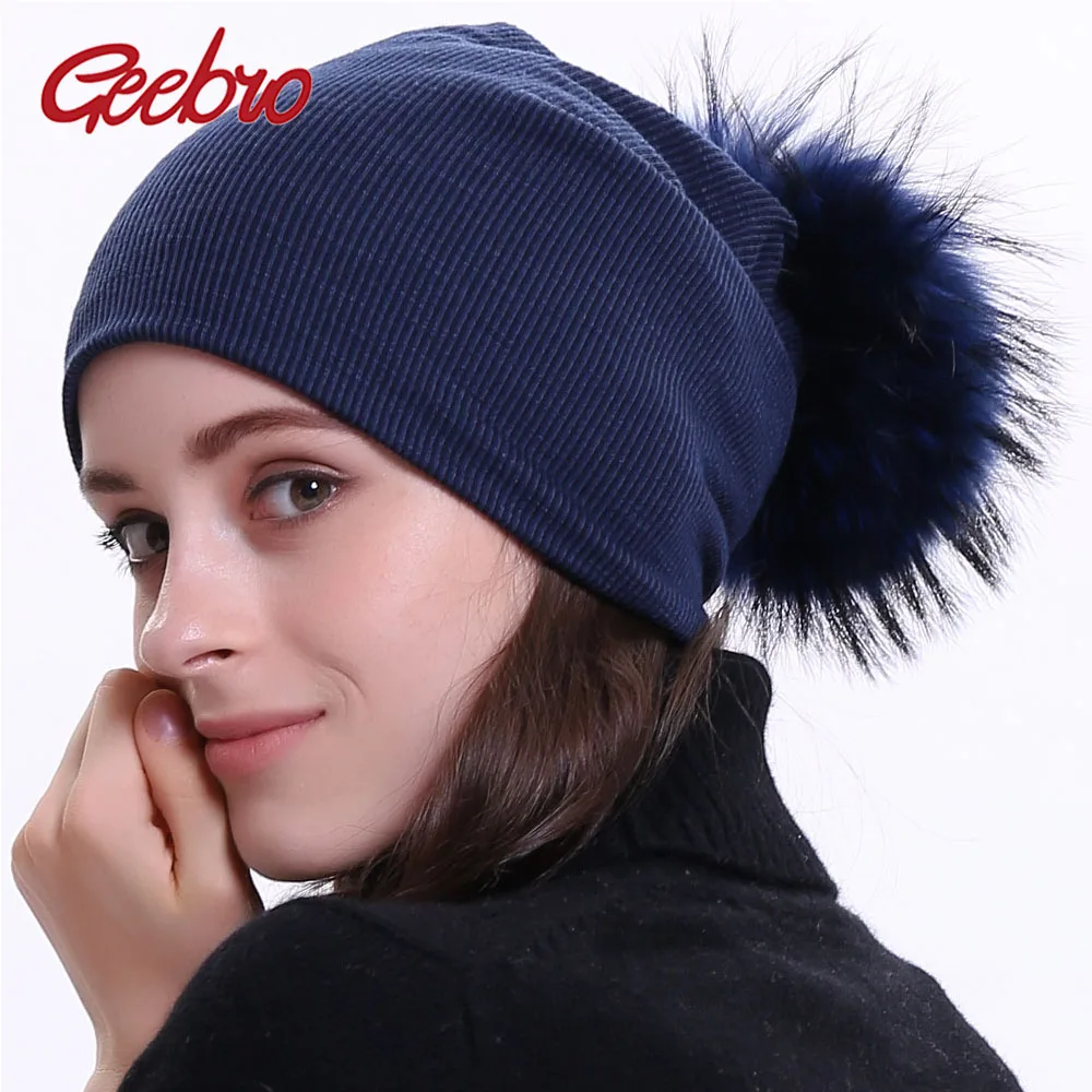 

Geebro Women Winter Warm Ribbed Knitted Comfortable Beanies With Pompom Hats Girls Solid Color Casual Soft Skullies Caps Bonnet