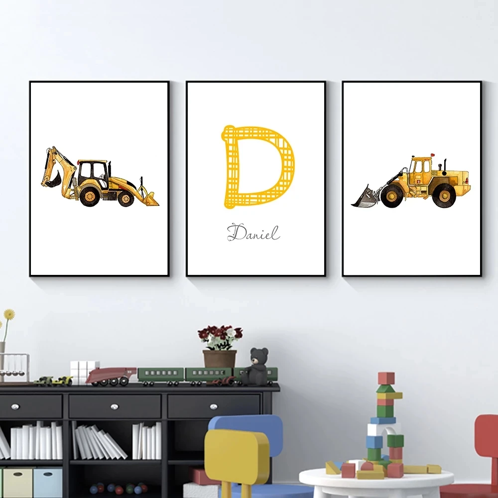 

Boy's Custom Name Poster Dump Truck Excavator Canvas Painting Nursery Prints Minimalist Wall Pictures for Kids Room Decoration