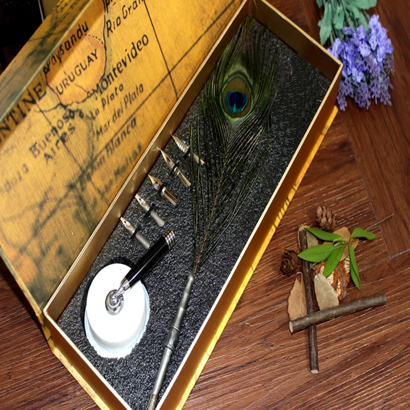 Natural Peacock Feather Dip Pen Set with Pen Holder Deluxe Feather Pen