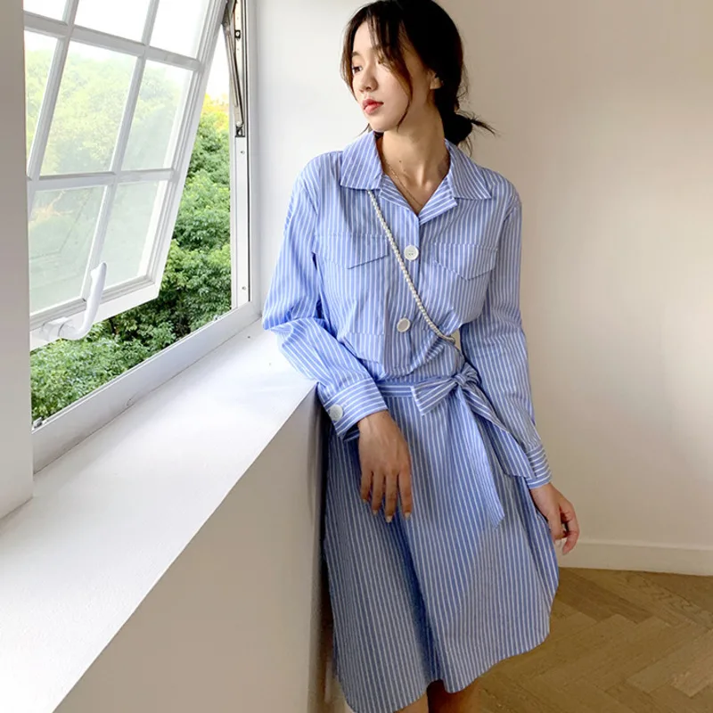 [EWQ] Весна-Осень 2020 новая полосатая рубашка с отложным воротником и длинным