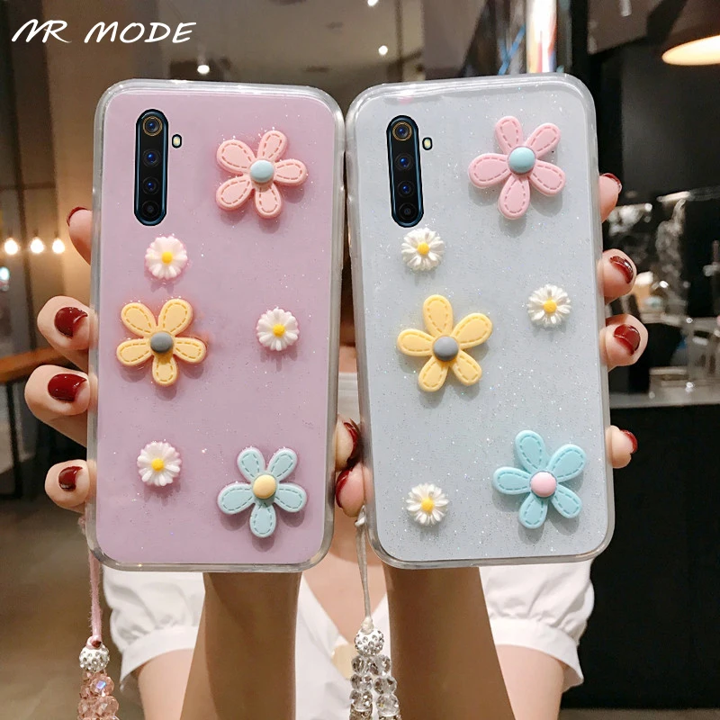 

3D Flowers Clear Glitter Case With WristStrap Chain For realme 7 7i 6 5 Pro C17 C15 C11 C3 F17 Pro X7 Pro Soft For OPPO A52 A92