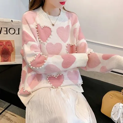 

Women Knitted Sweater and Pullovers Oneck Pearls Beading Sweaters Sweet Heart Jumpers Long Sleeve Kawaii Femme