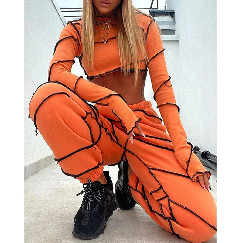 

FashionFashion Women Sets 2022 Orange Tracksuits Crop Top Long Pencil Pants Winter Long Sleeve Sets Drawstring Outfits PR781M